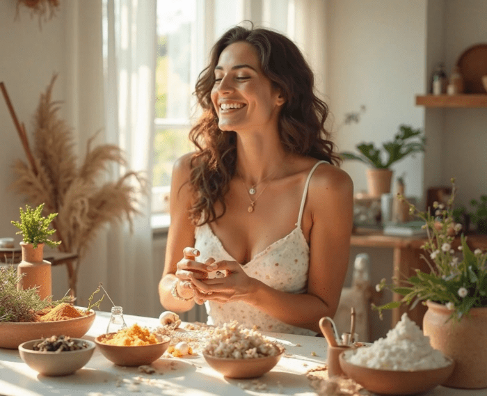 Produtos naturais para beleza: "Imagem de ingredientes naturais como abacate, mel e óleo de coco usados em receitas de autocuidado DIY."